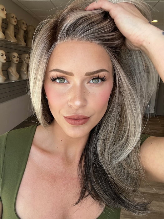 Madeline is wearing CHARMING by TRESSALLURE in 52/38/49/R8 | 3 Tones of Grey blended with Dark Brown Roots