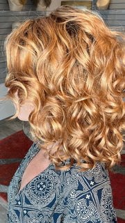 Madeline wearing FINN by ESTETICA in MANDARIN-ROOTED | Light Auburn and Strawberry Blonde Blend with Golden Brown Roots