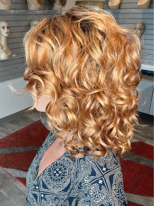 Madeline wearing FINN by ESTETICA in MANDARIN-ROOTED | Light Auburn and Strawberry Blonde Blend with Golden Brown Roots