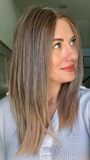 Jenny B @thewiggygirl wearing SLEEK by ELLEN WILLE in POWDER BLONDE TIPPED | Light Brown and Lightest Ash Blonde with Red Violet Blended with Pale Pink and Lighter Tipped Ends