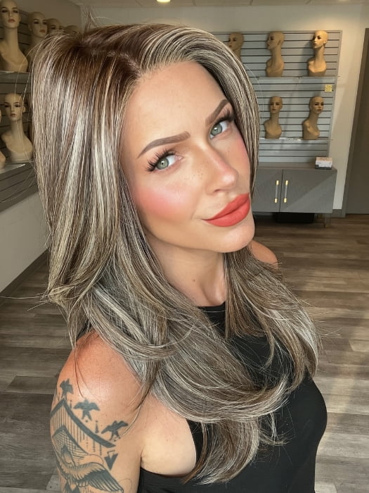 Madeline wearing BEVERLY HILLS by BELLETRESS in BUTTERED TOAST R | A mix of Blonde and Brown tones