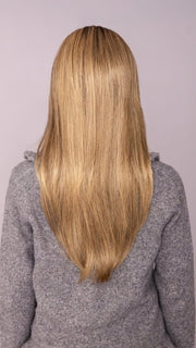 AVA wearing ZARA by JON RENAU in 24BT18S8 SHADED MOCHA | Medium Natural Ash Blonde & Light Natural Gold Blonde Blend, Shaded with Medium Brown