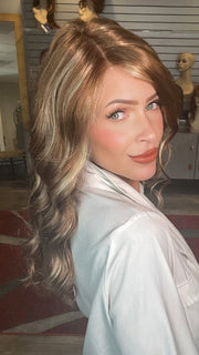 Madeline wearing SARAH by JON RENAU in FS26/31 Caramel Syrup | Amber Red w/ Caramel Blonde Highlights