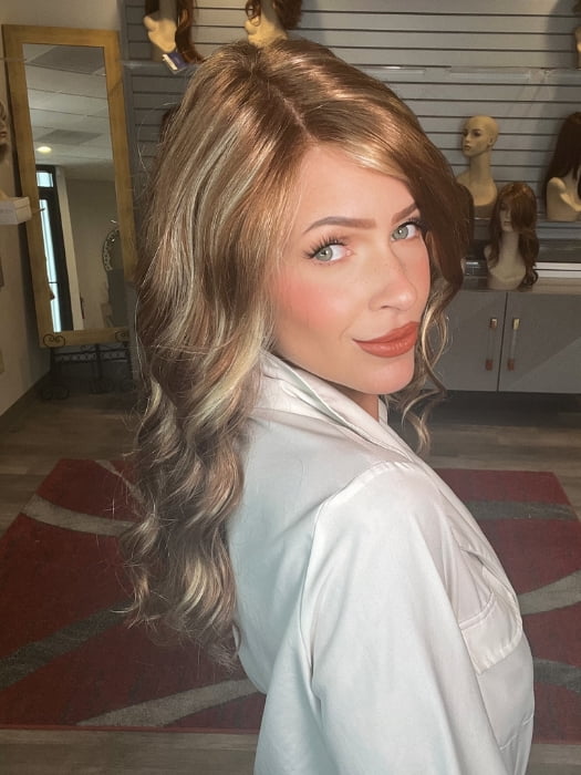 Madeline wearing SARAH by JON RENAU in FS26/31 Caramel Syrup | Amber Red w/ Caramel Blonde Highlights