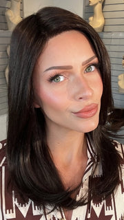 Madeline wearing SPECTRA PLUS by ELLEN WILLE in ESPRESSO MIX | Darkest Brown base with a blend of Dark Brown and Warm Medium Brown throughout