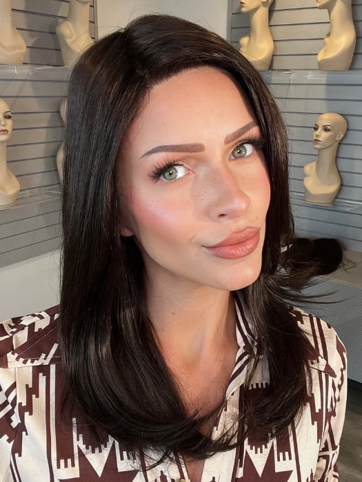 Madeline wearing SPECTRA PLUS by ELLEN WILLE in ESPRESSO MIX | Darkest Brown base with a blend of Dark Brown and Warm Medium Brown throughout