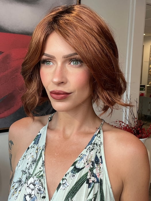 Madeline wearing TARA by RENE OF PARIS in  SHADED-AMBER | Coppery Blonde and Red Blend with Dark Amber Brown Roots