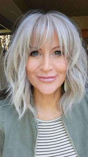 Natalie @vanish.into.thin.hair wearing HOLLIE by JON RENAU in color 56F51 OYSTER | Light Grey with 20% Medium Brown Front, graduating to Grey with 30% Medium Brown Nape