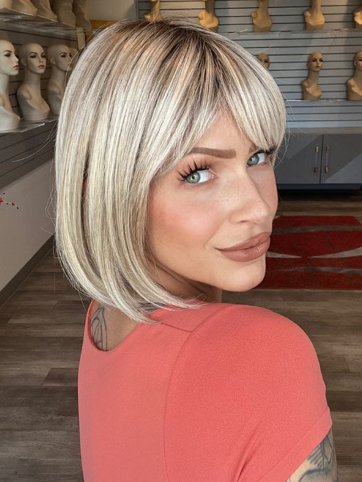 Madeline is wearing SING by ELLEN WILLE in PEARL BLONDE ROOTED 101.20.25 | Pearl Platinum Blended with Light Strawberry Blonde and Lightest Golden Blonde with Shaded Roots
