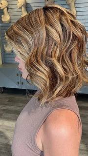 Madeline wearing VERONICA by BELLETRESS in JAMOCA-ALMOND-FUDGE-R | Deep mocha brown blended with subtle golden almond undertones and fudge-like highlights to create a rich