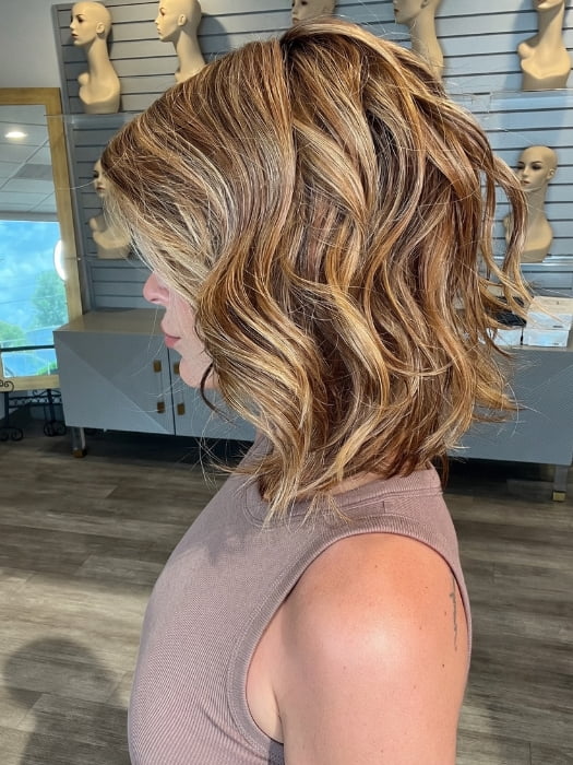 Madeline wearing VERONICA by BELLETRESS in JAMOCA-ALMOND-FUDGE-R | Deep mocha brown blended with subtle golden almond undertones and fudge-like highlights to create a rich