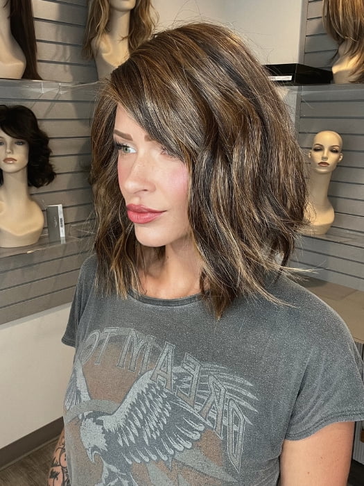 Madeline wearing SKYLAR by JON RENAU in FS6/30/27 TOFFEE TRUFFLE | Brown, Medium Red-Gold, Medium Red-Gold Blonde Blend with Medium Red Gold Blonde Bold Highlights