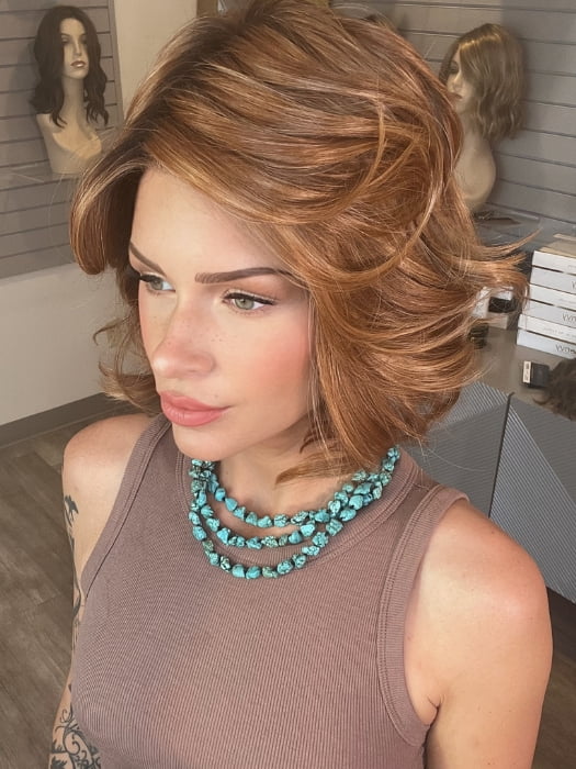 Madeline wearing TWAIN by BELLETRESS in MIXED BERRY R | A bold, berry-inspired red with deep auburn tones and soft rooting for a natural regrowth effect.