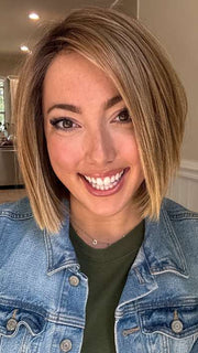 Jen Brown @being_mrs_brown wearing LIA II by ELLEN WILLE in color LIGHT BERNSTEIN ROOTED 12.26.27 | Lightest Brown, Light Golden Blonde and Dark Strawberry Blonde Blend with Dark Shaded Roots