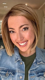 Jen Brown @being_mrs_brown wearing LIA II by ELLEN WILLE in color LIGHT BERNSTEIN ROOTED 12.26.27 | Lightest Brown, Light Golden Blonde and Dark Strawberry Blonde Blend with Dark Shaded Roots