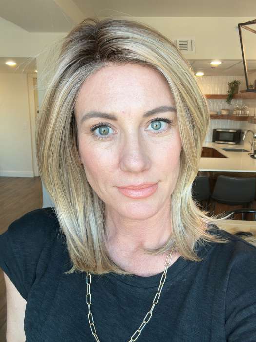 Jenny B. @thewiggygirl wearing GENOVA by BELLETRESS in color RAW SUGAR BLONDE | A Neutral Light Blonde, Honey Blonde, Pale Gold Blonde, with a base of Light Brown Low Lights featuring a Medium Root Color