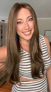 Jen Brown @being_mrs_brown wearing AVERY by JON RENAU in color 8RH14 MOUSSE CAKE | Medium Brown with 33% Medium Natural Blonde Highlights