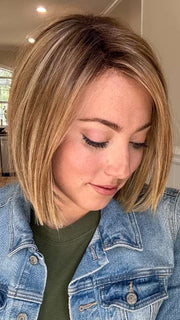 Jen Brown @being_mrs_brown wearing LIA II by ELLEN WILLE in color LIGHT BERNSTEIN ROOTED 12.26.27 | Lightest Brown, Light Golden Blonde and Dark Strawberry Blonde Blend with Dark Shaded Roots