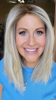 Natalie Gray @vanish.into.thin.hair wearing CALABASAS by BELLETRESS in color CRUSHED ALMOND BLONDE R | A soft Neutral Light Blonde with a Light and Medium Blended Root Color.