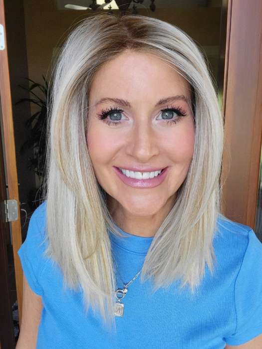 Natalie Gray @vanish.into.thin.hair wearing CALABASAS by BELLETRESS in color CRUSHED ALMOND BLONDE R | A soft Neutral Light Blonde with a Light and Medium Blended Root Color.