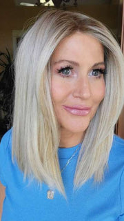 Natalie Gray @vanish.into.thin.hair wearing CALABASAS by BELLETRESS in color CRUSHED ALMOND BLONDE R | A soft Neutral Light Blonde with a Light and Medium Blended Root Color.