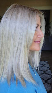Natalie Gray @vanish.into.thin.hair wearing CALABASAS by BELLETRESS in color CRUSHED ALMOND BLONDE R | A soft Neutral Light Blonde with a Light and Medium Blended Root Color.