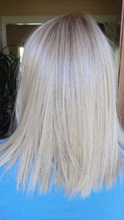 Natalie Gray @vanish.into.thin.hair wearing CALABASAS by BELLETRESS in color CRUSHED ALMOND BLONDE R | A soft Neutral Light Blonde with a Light and Medium Blended Root Color.