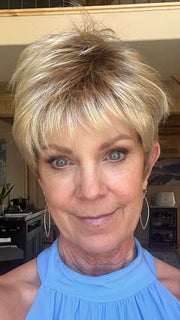 Susan @an_affair_with_hair wearing COCO by ELLEN WILLE in color CHAMPAGNE ROOTED | Light Beige Blonde, Medium Honey Blonde, and Platinum Blonde blend with Dark Roots