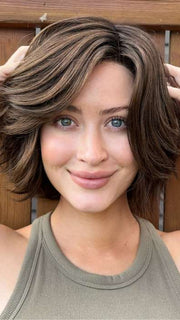 Steph @wigswithsteph wearing ESPRIT by ELLEN WILLE in color DARK-CHOCOLATE-ROOTED 6.30.4 | Dark Brown Base with Light Reddish Brown Highlights with Dark Roots Edit alt text