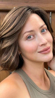 Steph @wigswithsteph wearing ESPRIT by ELLEN WILLE in color DARK-CHOCOLATE-ROOTED 6.30.4 | Dark Brown Base with Light Reddish Brown Highlights with Dark Roots Edit alt text