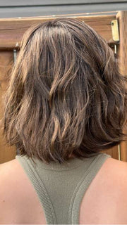 Steph @wigswithsteph wearing ESPRIT by ELLEN WILLE in color DARK-CHOCOLATE-ROOTED 6.30.4 | Dark Brown Base with Light Reddish Brown Highlights with Dark Roots Edit alt text