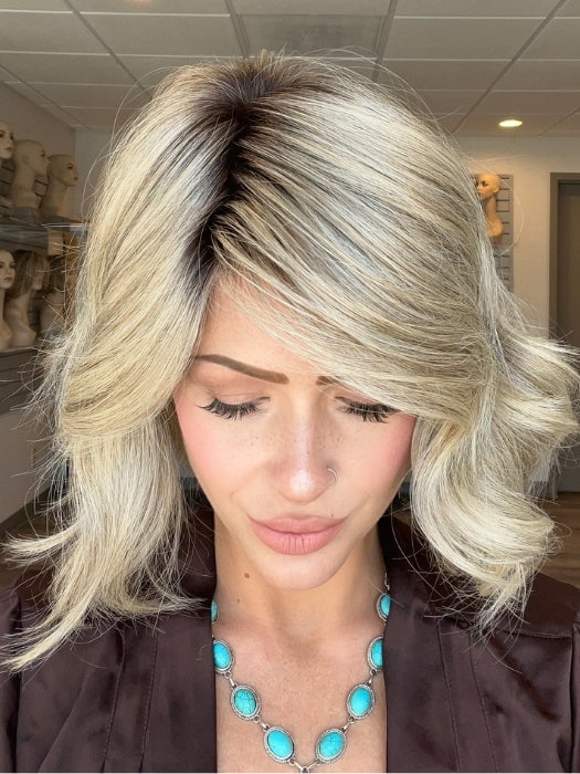 Madeline is wearing UNFILTERED by RAQUEL WELCH in RL17/23SS ICED LATTE MACCHIATO | Honey Blonde shaded with Cool Blonde