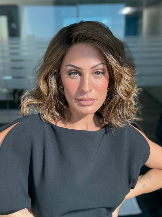 ROXIE wearing NYX by RENE OF PARIS in MARBLE-BROWN-R | Medium Brown Evenly Blended with Light Honey Brown With Dark Roots