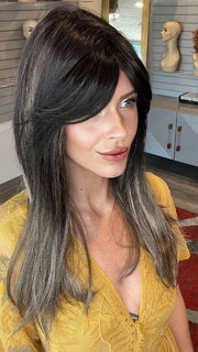 Madeline wearing CAMILLA by JON RENAU in Camilla by JON RENAU in S2-103/18RO MIDNIGHT | Cascading Ombre Shade | Long Dark Roots blend into Lighter Brown Tones and Sparkling Ash Blond Tips