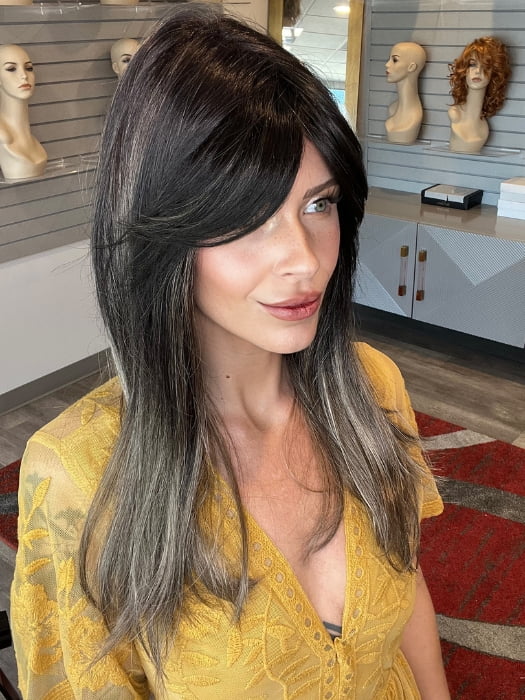 Madeline wearing CAMILLA by JON RENAU in Camilla by JON RENAU in S2-103/18RO MIDNIGHT | Cascading Ombre Shade | Long Dark Roots blend into Lighter Brown Tones and Sparkling Ash Blond Tips