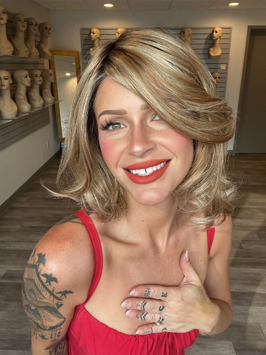 Madeline wearing DESTINY by ELLEN WILLE in GINGER BLONDE ROOTED 20.26.27 | Light Golden Blonde, Light Strawberry Blonde and Dark Strawberry Blonde blend with Shaded Roots
