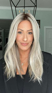 Jenna @jenna_fail wearing SLEEK by ELLEN WILLE in color PEARL BLONDE ROOTED 101.20.25 | Pearl Platinum Blended with Light Strawberry Blonde and Lightest Golden Blonde with Shaded Roots