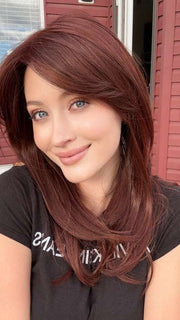 Steph B. @wigswithsteph wearing SPOTLIGHT PETITE by RAQUEL WELCH WIGS in color RL33/35 DEEPEST RUBY | Dark Auburn Evenly Blended with Ruby Red