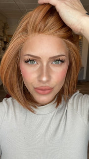 Madeline is wearing ZARAGOZA by BELLETRESS in SIENNA SPICE | A true light strawberry blonde/red with low light and highlights