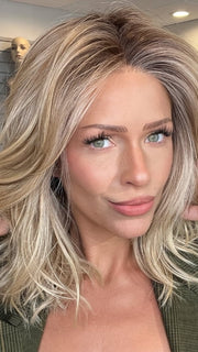 Madeline wearing MODENA by BELLETRESS in RAW SUGAR BLONDE | A Neutral Light Blonde, Honey Blonde, Pale Gold Blonde, with a base of Light Brown Lowlights featuring a Medium Root Color