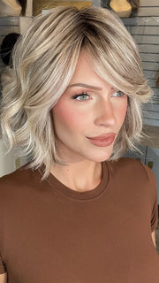 Madeline wearing AUSTEN by BELLETRESS in BUTTERBEER R | Dark Brown Base and Root that transitions smoothly into a buttery blonde, infused with creamy honey and toffee tones