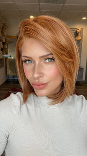 Madeline is wearing ZARAGOZA by BELLETRESS in SIENNA SPICE | A true light strawberry blonde/red with low light and highlights