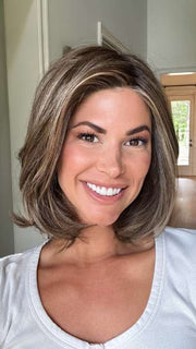 Katy C. @thewigeducator wearing TAKE A BOW by RAQUEL WELCH WIGS in color RL9/24SS ICED CAFÉ LATTE | Dark Brown shaded with Golden Brown