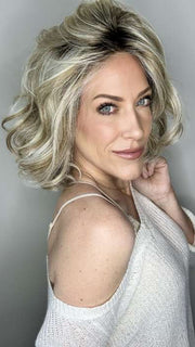 Kristyna Moore @kristynamoore wearing DIRECTORS PICK by RAQUEL WELCH WIGS in color RL19/23SS SHADED BISCUIT | Light Ash Blonde Evenly Blended with Cool Platinum Blonde with Dark Roots (indoor lighting)