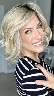 Kristyna Moore @kristynamoore wearing DIRECTORS PICK by RAQUEL WELCH WIGS in color RL19/23SS SHADED BISCUIT | Light Ash Blonde Evenly Blended with Cool Platinum Blonde with Dark Roots (window lighting)