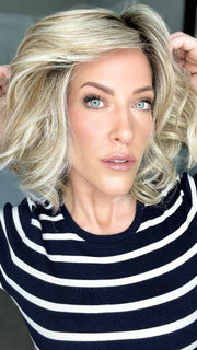 Kristyna Moore @kristynamoore wearing DIRECTORS PICK by RAQUEL WELCH WIGS in color RL19/23SS SHADED BISCUIT | Light Ash Blonde Evenly Blended with Cool Platinum Blonde with Dark Roots (window lighting)