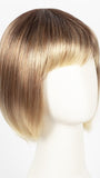 MELTED-SUNSET | Medium brown roots that melt into a peachy light brown blend layered on top of apricot blonde and intense gold blonde at nape