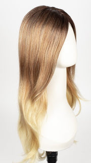 MELTED-SUNSET | Medium brown roots that melt into a peachy light brown blend layered on top of apricot blonde and intense gold blonde at nape