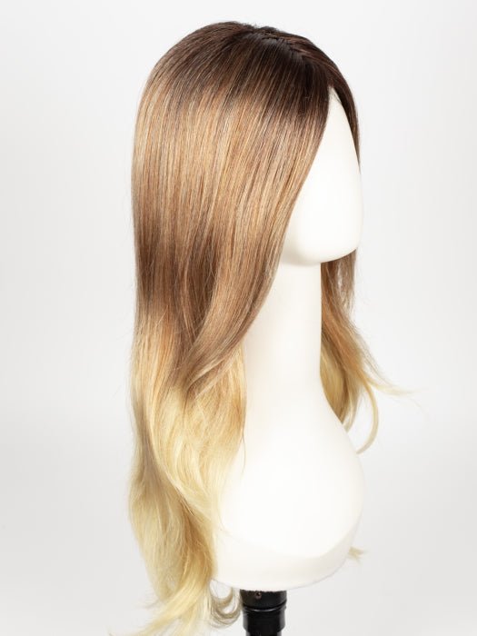 MELTED-SUNSET | Medium brown roots that melt into a peachy light brown blend layered on top of apricot blonde and intense gold blonde at nape