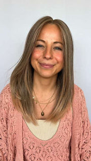 Kristin wearing SLEEK by ELLEN WILLE in color POWDER BLONDE TIPPED | Light Brown and Lightest Ash Blonde with Red Violet Blended with Pale Pink and Lighter Tipped Ends
